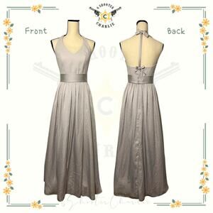 WHITE by VERA WANG Bridesmaid Silver Halter Maxi Dress Slit Size 2 Bow Details